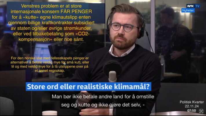Sveinung Rotevatn, Venstre. Skjermdump fra NRK Politisk kvarter 22.11.24